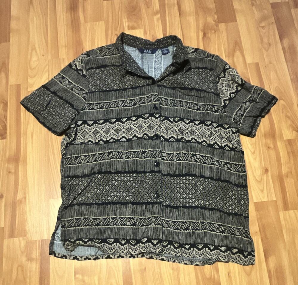 D.P.S. New York Women's XL Black Beige Geometric Woven Rayon Button-Up Shirt SS